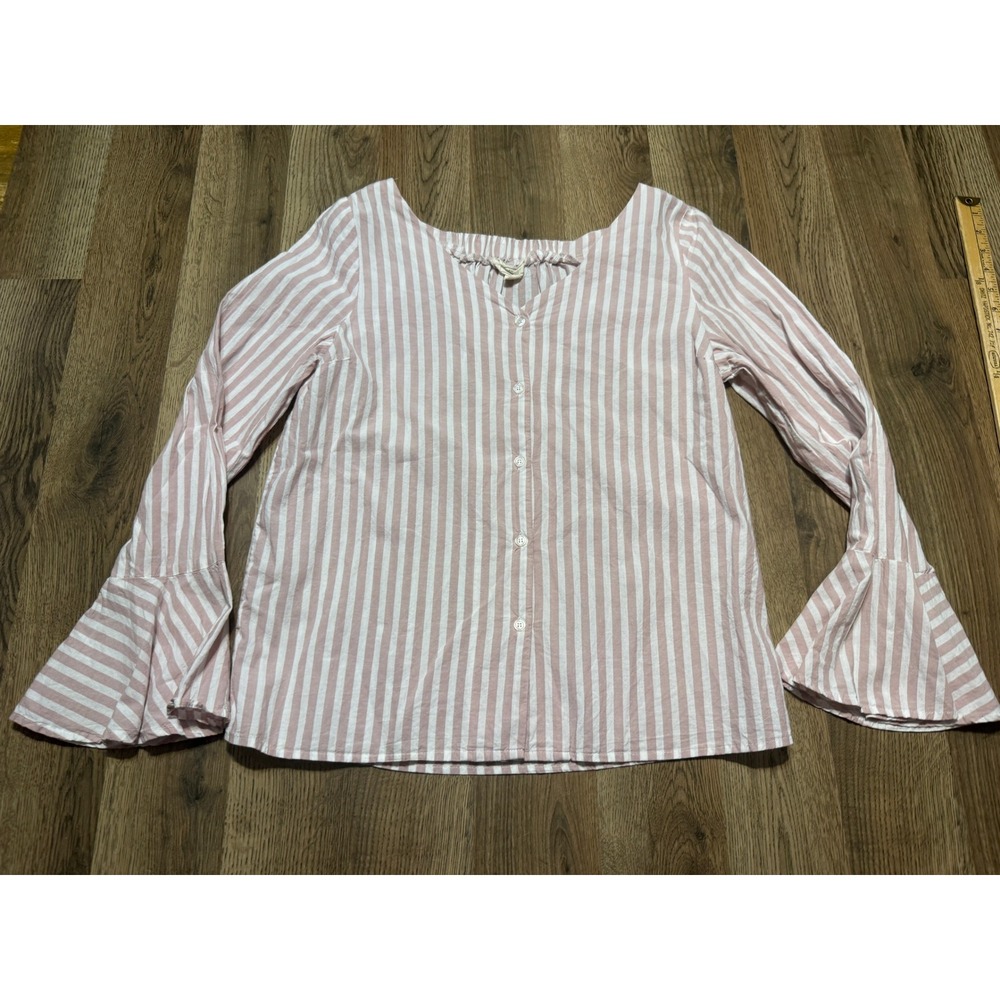 No Comment NY LA Blouse Womens Medium Pink Striped Bell Sleeve Casual Excellent